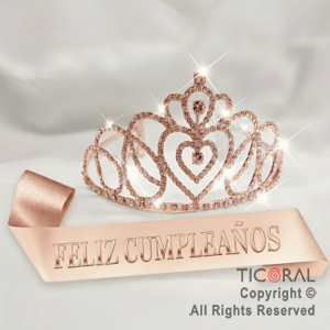 SET VINCHA Y BANDA FELIZ CUMPLEA�OS STRASS CORAZON ROSA GOLD (10548S) X 1